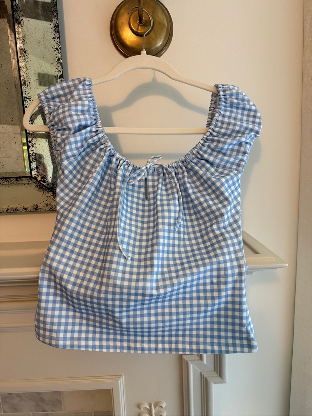 Sezane Light Blue Gingham Ruffle-Sleeve Tie-Neck Top - Picture 2 of 3